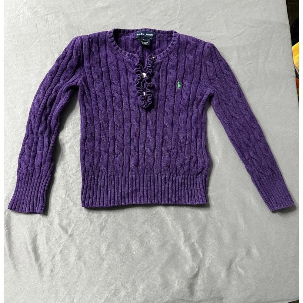 Ralph Lauren Kids Purple Cable Knit Ruffle Button‎ Sweater Size 5